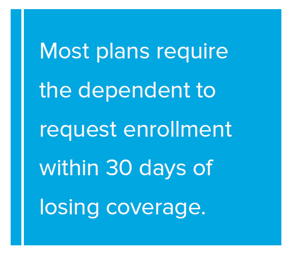 Pull Quote: Most plans require the dependent to request enrollment within 30 days of losing coverage.