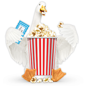 Aflac duck eating popcorn, holding movie ticket