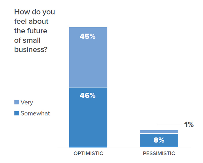 Chart data: How do you feel about the future of small business? 45% were very optimistic; 46% were somewhat optimistic. 1% were very pessimistic; 8% were somewhat pessimistic.