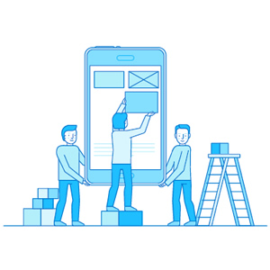 icon people placing boxes on a smartphone as if wireframing